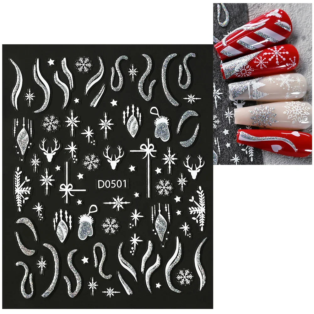 1pc Christmas Nail Sticker 3D Gold Glitter Snowflake Elk Penguin Bells Design Adhesive Nail Slider Decals Winter Manicure Decor* (Online Order Only)
