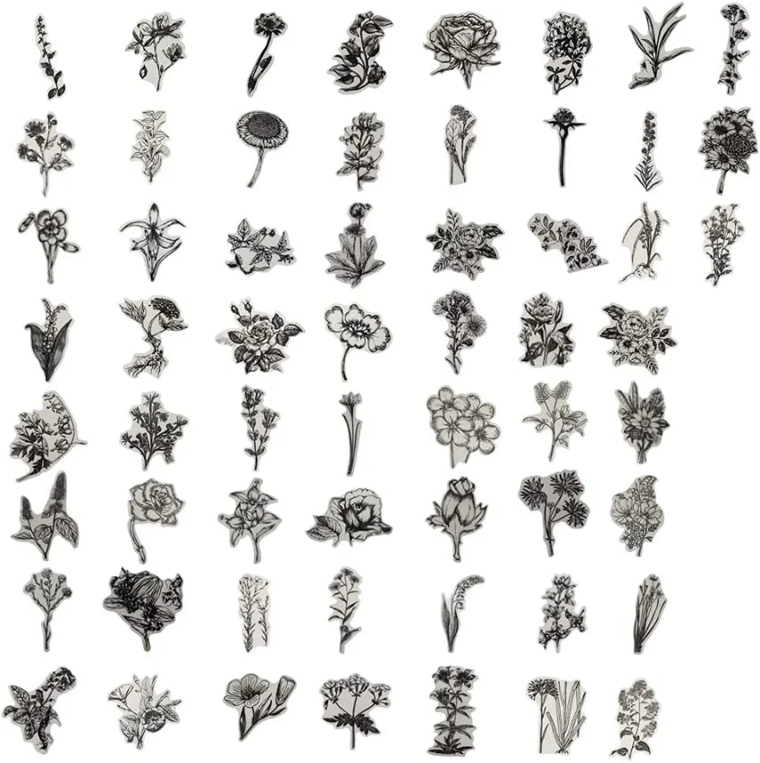 60 PCS Black and White Vintage Retro Flower Plant Stickers Decals for Laptop Scrapbooking Journal Planner Card Making (Online Order Only)