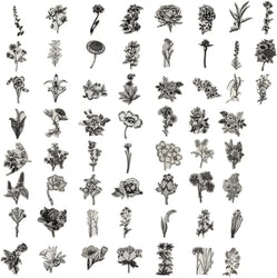 60 PCS Black and White Vintage Retro Flower Plant Stickers Decals for Laptop Scrapbooking Journal Planner Card Making (Online Order Only)