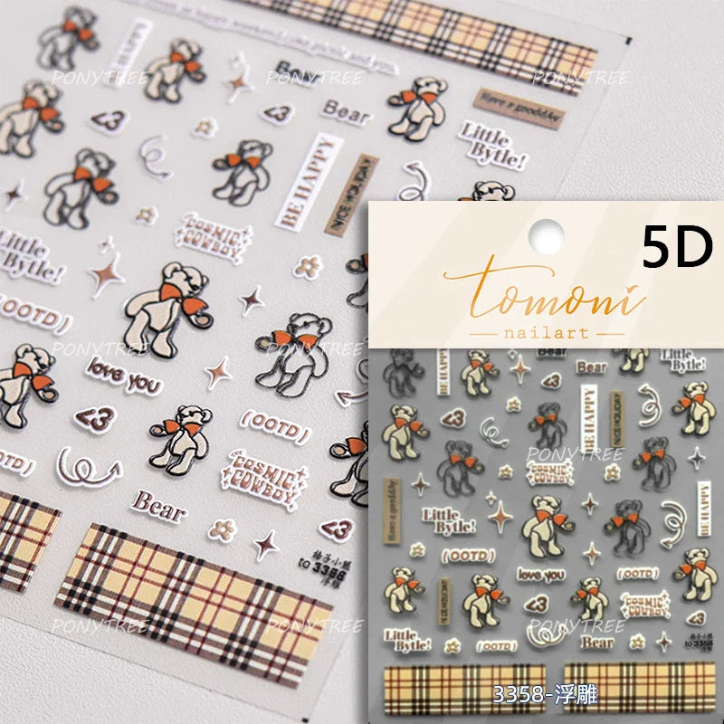 Cute Bear Teddy Birthday Party Maillard Bear Cake Flower Bouquet Lucky Love Heart 5D Adhesive Nail Art Sticker Manicure Decals (Online Order Only)
