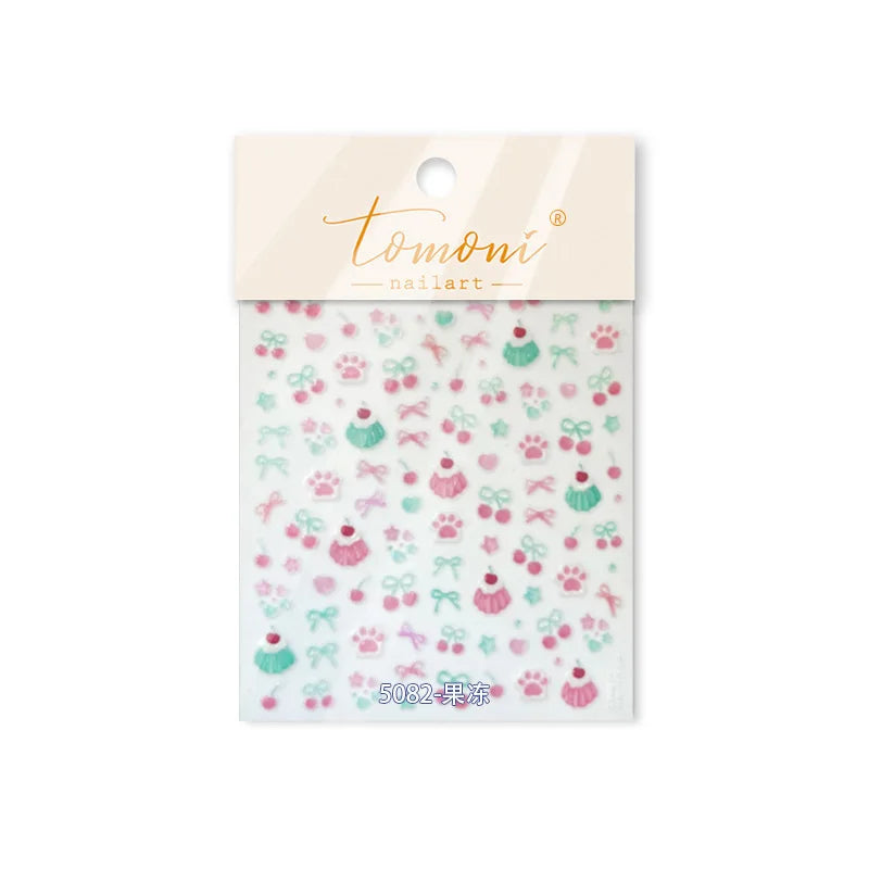 Lovely Green Pink Cherry Pudding Claw Paw Love Heart Bowknot Soft Embossed Reliefs Adhesive Nail Art Stickers Manicure Decals (ONLINE ORDER ONLY)