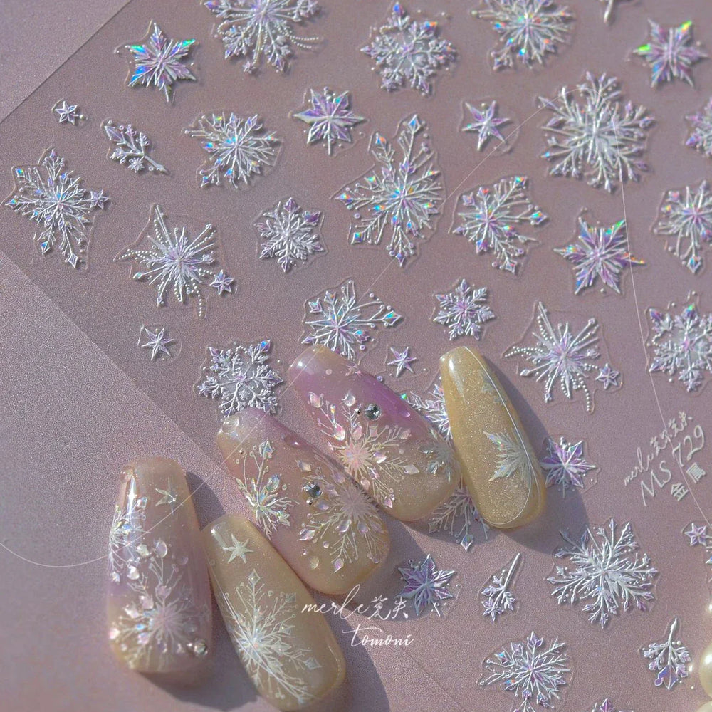 Flying Snowflakes Cold Winter Geometric Hexagon Star Romantic Adhesive Nail Art Stickers Embossment Rhinestone Manicure Decals (ONLINE ORDER ONLY)