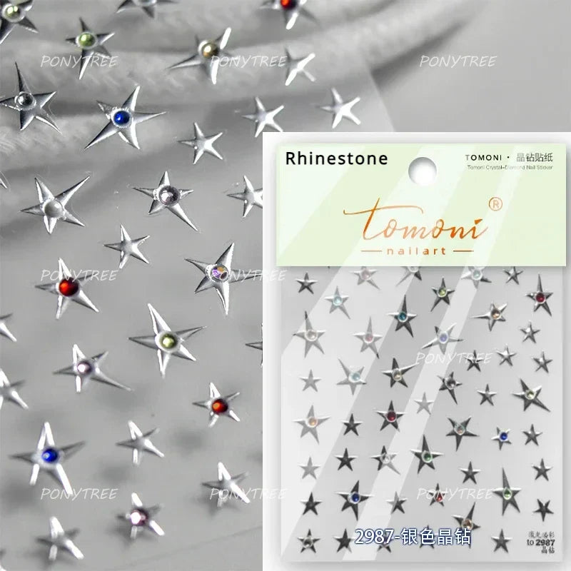 Irregular Stars Red Silver Five-pointed Star Meteor Shiny 5D Self Adhesive Nail Art Stickers Romantic Rhinestone Manicure Decals (ONLINE ORDER ONLY)