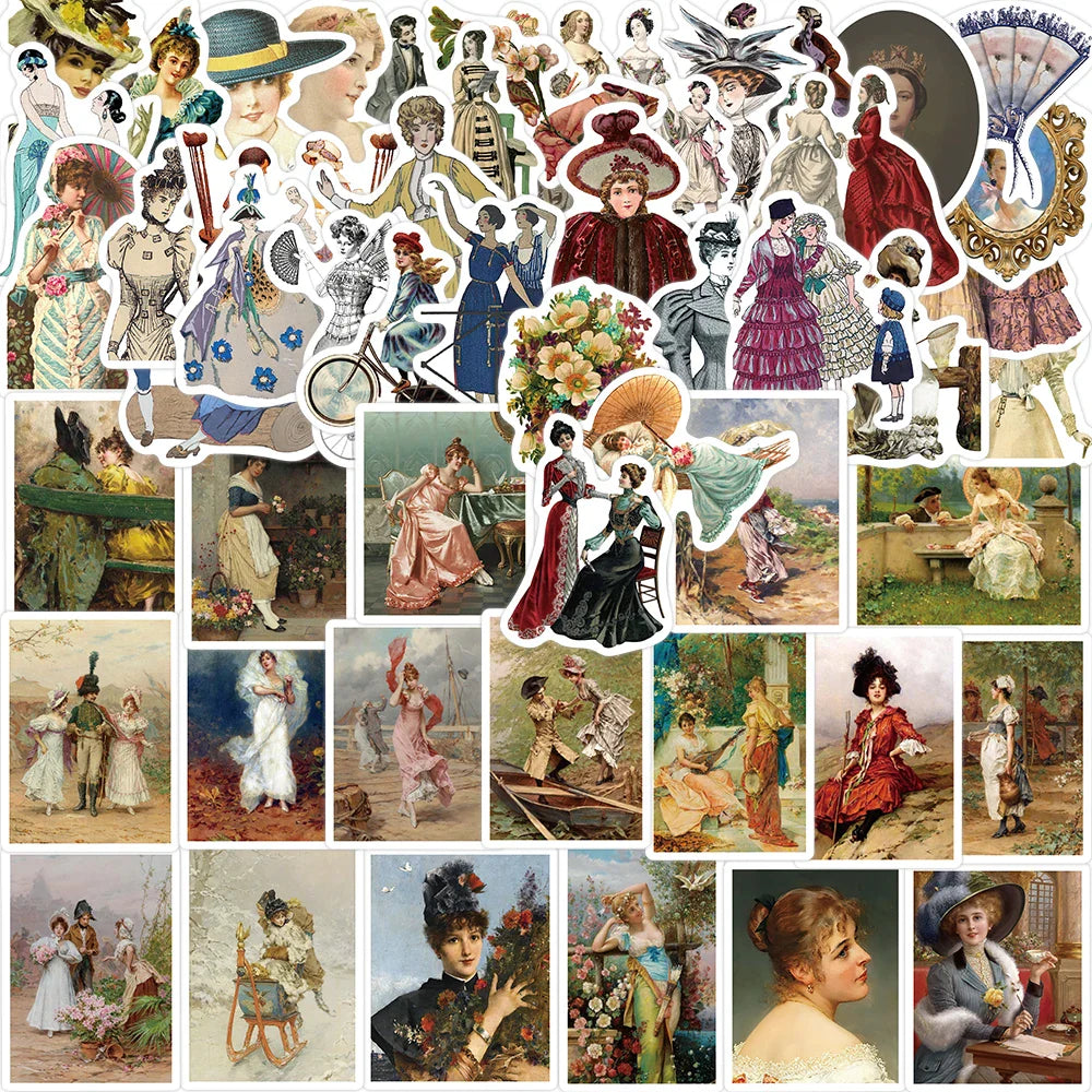 52Pcs Cartoon Retro Victorian Art Series Stickers PVC Waterproof Sticker Decals For Scrapbook Laptop Bottle Toys Gift (ONLINE ORDER ONLY)