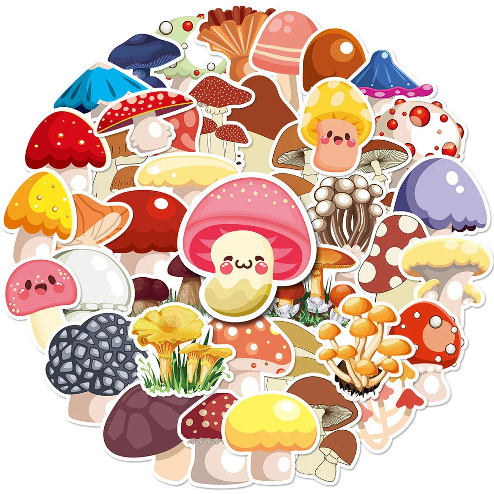 Cute Mushroom Stickers Pack - Waterproof Cartoon Decals for Laptop, Guitar, Luggage, Car, Kid Toy (Online Order Only)