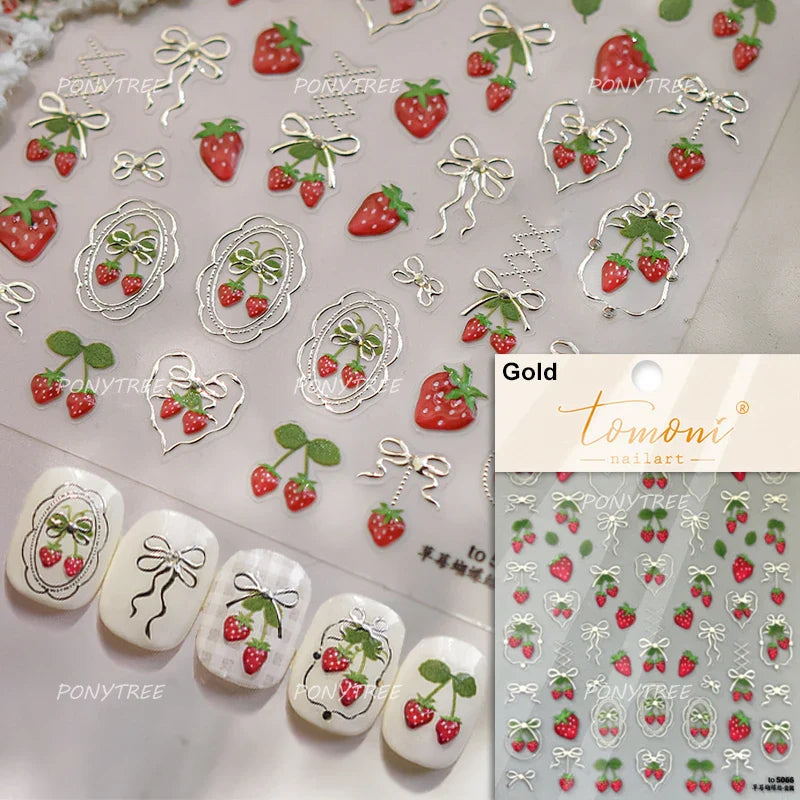 Strawberry Cherry Loquat Longan Peach Grapes Plant Red Bean Fruit Flat Realistic Painting 3D Nail Art Stickers Manicure Decals (ONLINE ORDER ONLY)