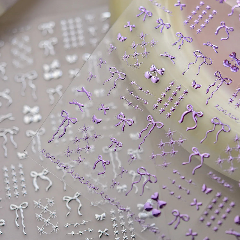 Purple Gold Silver Bowknot Cherry Fruit Cute Ribbon Tie Line Delicate 3D Adhesive Nail Art Stickers Manicure Decals Wholesale (Online Order Only)