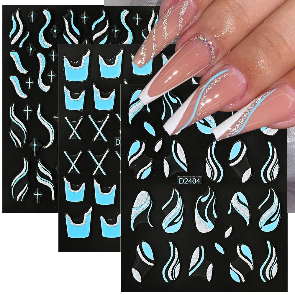 6pcs/Set Blue Gold Glitter French Design 5D Nail Stickers Curve Lines Swirls Wave Nail Sliders Reflective Flakes Decals Manicure (ONLINE ORDER ONLY)