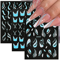 6pcs/Set Blue Gold Glitter French Design 5D Nail Stickers Curve Lines Swirls Wave Nail Sliders Reflective Flakes Decals Manicure (ONLINE ORDER ONLY)