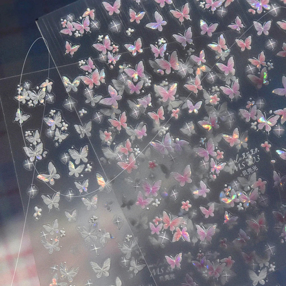 Shiny Butterfly White Pink Purple Romantic Animals Retro Photo Frame Chic Delicate Adhesive Nail Art Stickers 5D Manicure Decals (ONLINE ORDER ONLY)