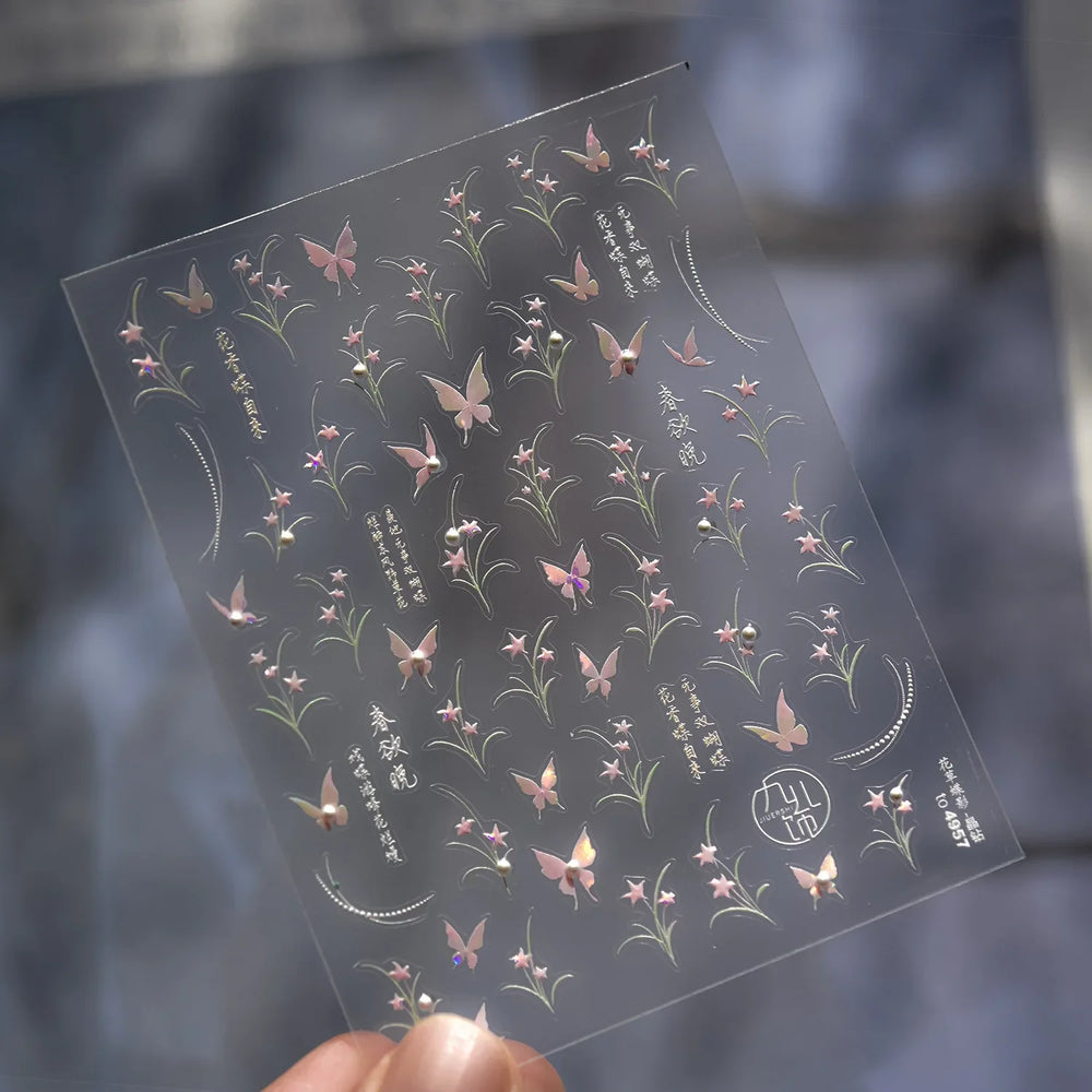 Vigorous Pink Orchid Cymbidium Antique Fragrant Thoroughwort Grass Butterfly Adhesive Nail Art Sticker Plant 3D Manicure Decals (ONLINE ORDER ONLY)