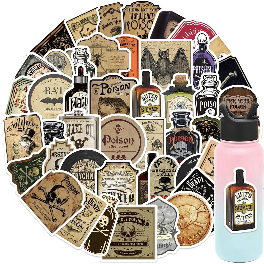 50pcs Retro Thriller Potion Stickers For Phone Case Helmet Scrapbook Skateboard Art Aesthetic Trendy Waterproof Sticker Decals (ONLINE ORDER ONLY)