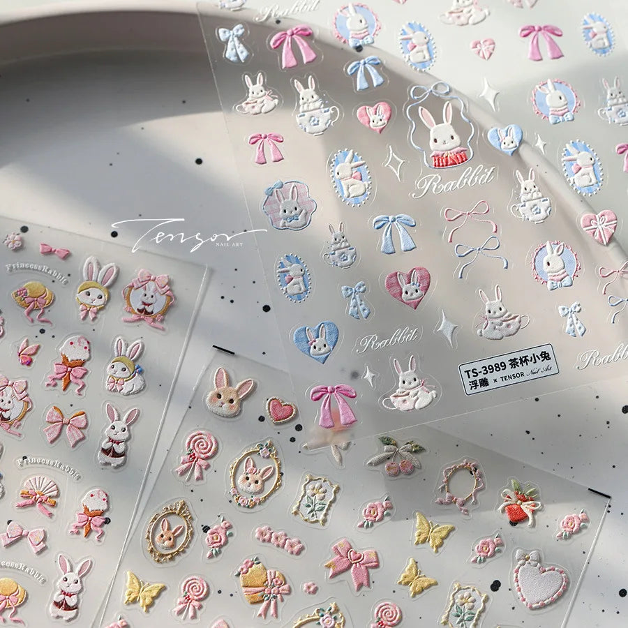 Cute Rabbit Fan Peach Blossom Teacup Lollipop Strawberry Star Cherry Hat Soft Embossed Adhesive Nail Art Stickers Manicure Decal (ONLINE ORDER ONLY)