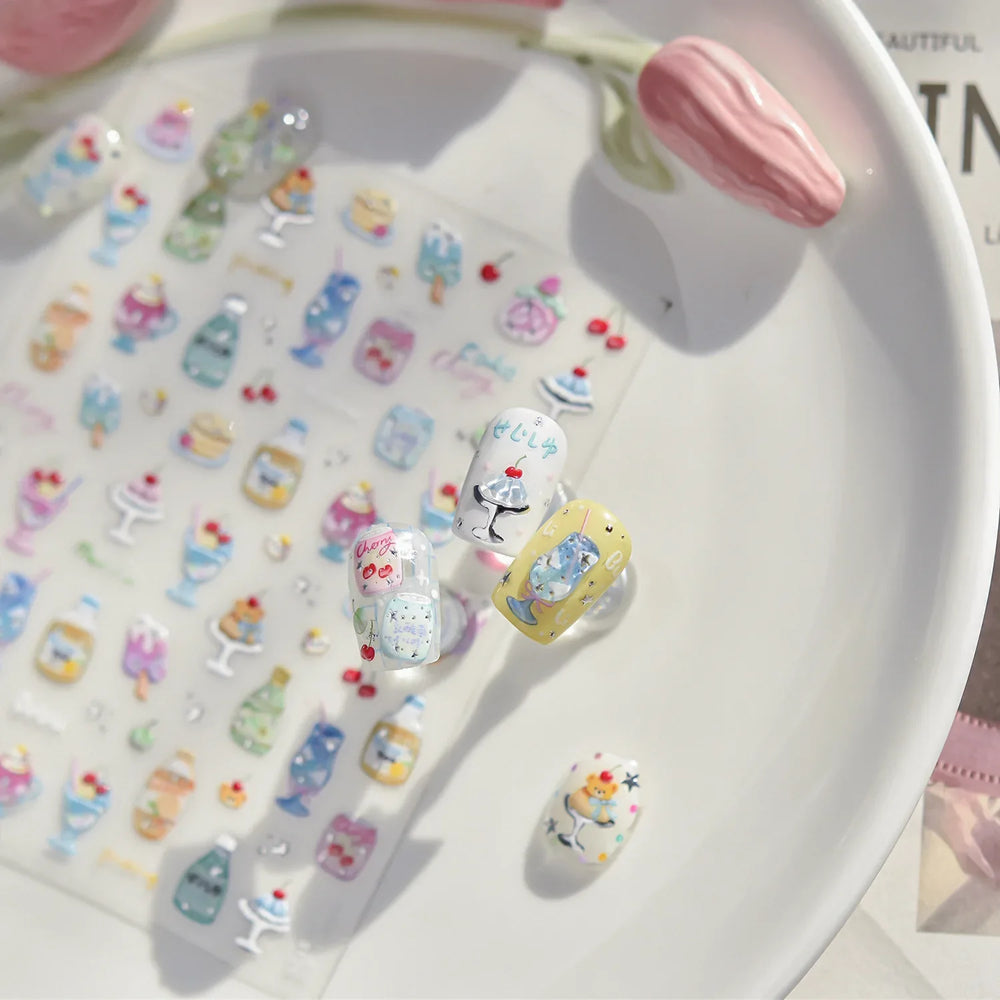 Soda Fruit Beverage Bottle Bear Watermelon Popsicle Dessert Ice Cream Cat Cherry Strawberry Bow Summer Nail Art Stickers Decals (ONLINE ORDER ONLY)