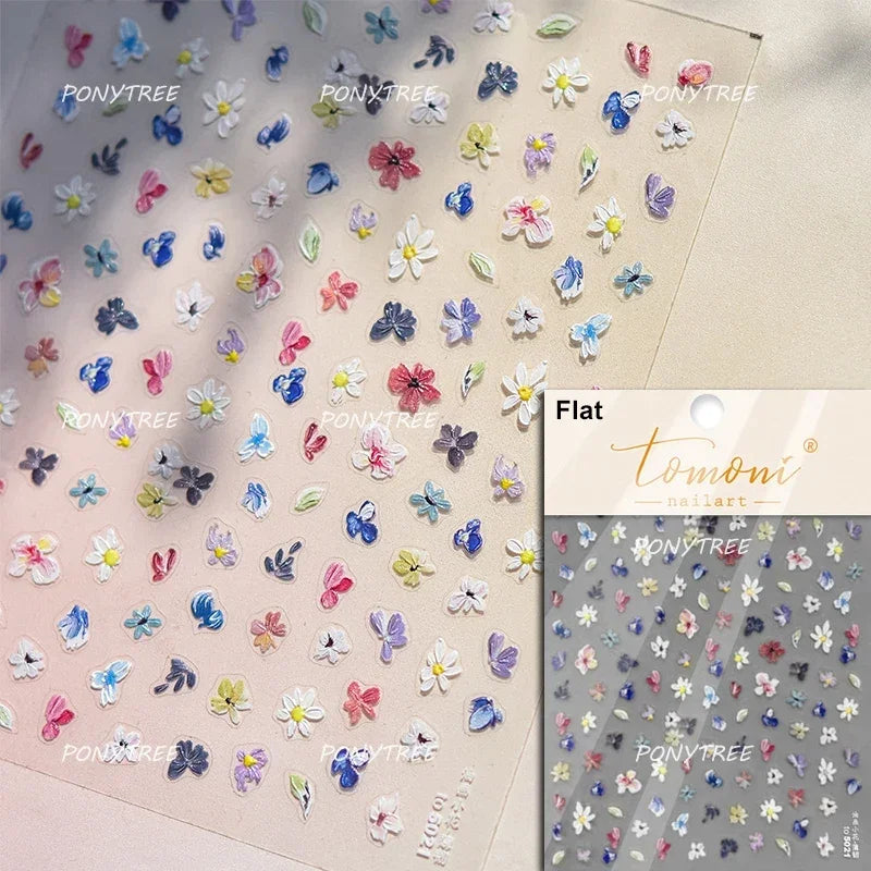Chic Wild Flower Oil Painting Small Variegated Daisy Peach Blossom Lavender Petal Adhesive Nail Art Stickers Manicure Decals (Online Order Only)