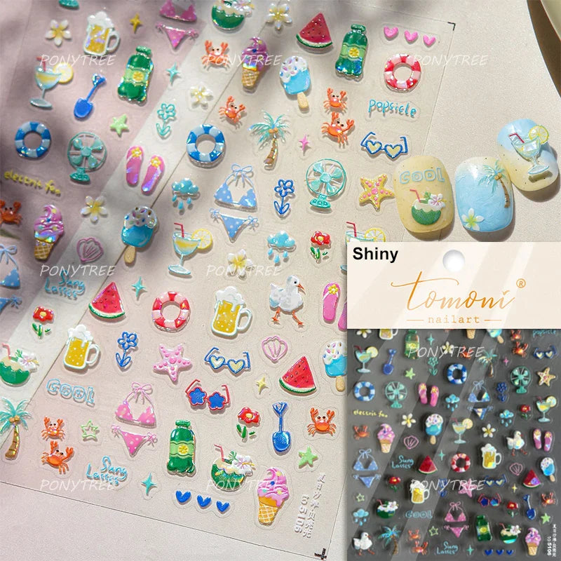 Summer Beach Bikini Watermelon Strawberry Ice Cream Soda Coconut Tree Fan Juice Crab Nail Art Decoration Stickers Manicure Decal (ONLINE ORDER ONLY)