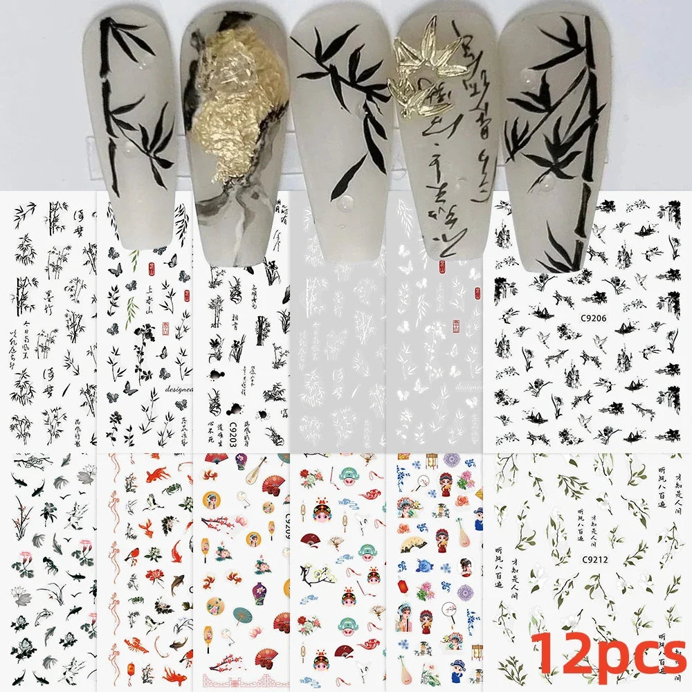 12Pcs 3D Golden Red Glitter Heart Love Nail Sticker Valentine Self Adhesive Cartoon Decal Geometry Lines Stripe Slider Manicure* (ONLINE ORDER ONLY)