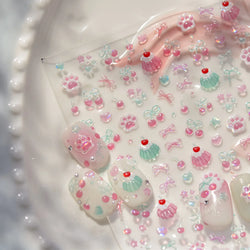 Lovely Green Pink Cherry Pudding Claw Paw Love Heart Bowknot Soft Embossed Reliefs Adhesive Nail Art Stickers Manicure Decals (ONLINE ORDER ONLY)