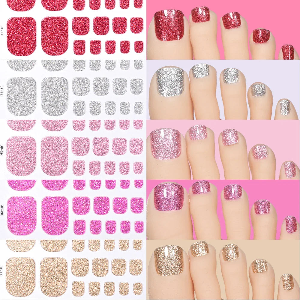 22Tips Pink Red Glitter Design Baking-free Toenail Stickers Solid Color Adhesive Full Cover Toe Nail Strip Slider Manicure Decal (ONLINE ORDER ONLY)