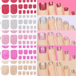 22Tips Pink Red Glitter Design Baking-free Toenail Stickers Solid Color Adhesive Full Cover Toe Nail Strip Slider Manicure Decal (ONLINE ORDER ONLY)