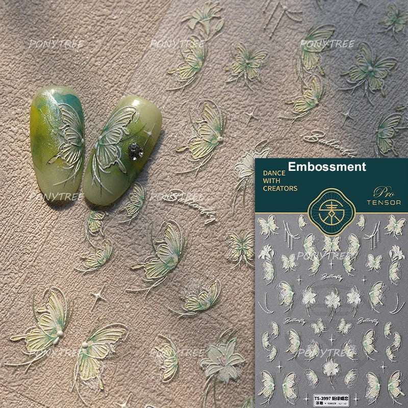 Green Blue Glass Butterfly Lily Flowers Star Line Water Droplet Charming Shiny Self Adhesive Nail Art Stickers Manicure Decals (ONLINE ORDER ONLY)