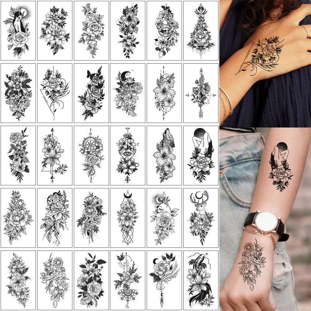 30Pcs Black Flower Tattoo Stickers Butterfly Rose Moon Star Small Temporary Tattoos Mandala Fake Tattoo for Hand Body Chest (Online Order Only)
