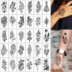 30Pcs Black Flower Tattoo Stickers Butterfly Rose Moon Star Small Temporary Tattoos Mandala Fake Tattoo for Hand Body Chest (Online Order Only)