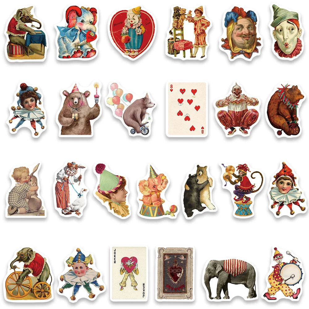 50PCS Vintage Circus Acrobatics Clown Retro Art Funny Stickers Aesthetic Graffiti Decals Scrapbook Laptop Bottle Sticker Gift (Online Order Only)