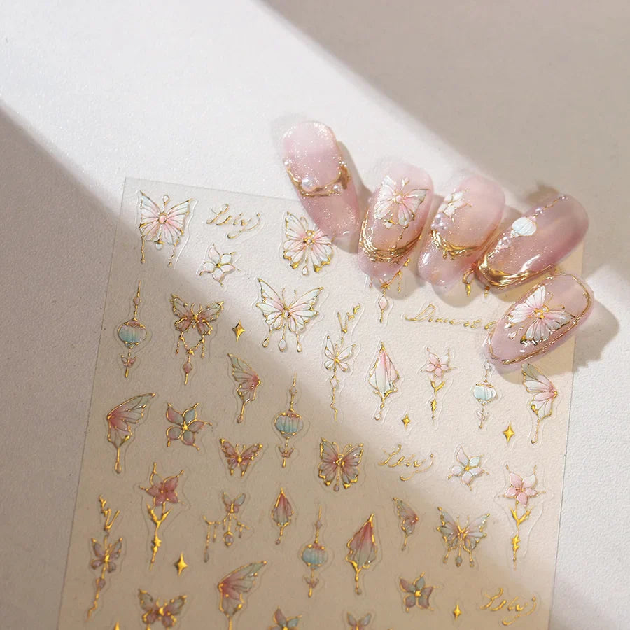 Butterfly Peach Blossom Flowers Lantern Star Tassel Pendant Gold Hot Stamping Self Adhesive Nail Art Stickers Manicure Decals (ONLINE ORDER ONLY)