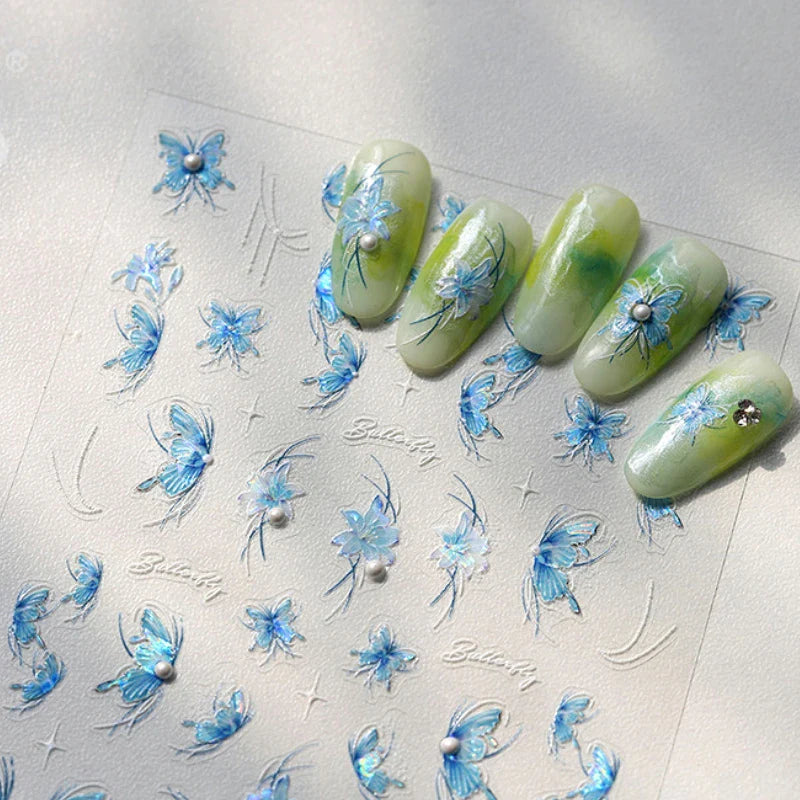 Chic Butterfly Flower Lily Lilium Narcissus Line Beautiful Blue Pearl Self Adhesive Nail Art Stickers Decorations Manicure Decal (Online Order Only)