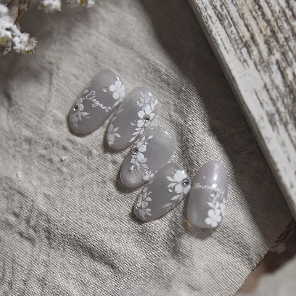 Wet Garden White Flower Leaves Elegant Beautiful Petal Delicate 5D 3D Charming Spring Adhesive Nail Art Stickers Manicure Decals (ONLINE ORDER ONLY)