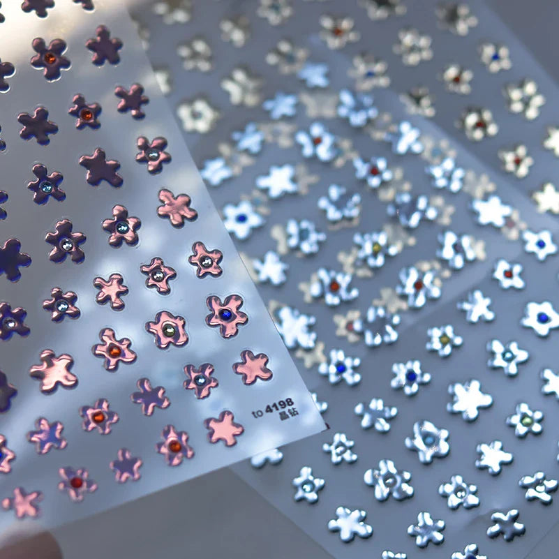 Hot Stamping Laser Silver Pink White Flower Rhinestone Pearl Irregular Petal Adhesive Nail Art Decoration Sticker Manicure Decal (ONLINE ORDER ONLY)