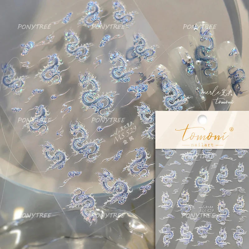 Chinese Dragon Auspicious Beast Mythological Legend Noble Loong Blue Pink Soft Relief Adhesive Nail Art Sticker Manicure Decals (ONLINE ORDER ONLY)
