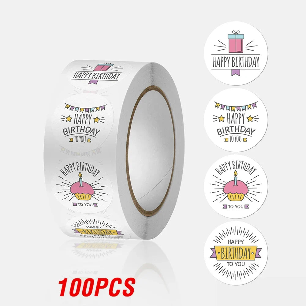 100-500pcs Round Happy birthday Labels Kraft Paper Sticker Candy Bag Flower Gift Box Cake Boxes and Packaging Wedding Stickers (ONLINE ORDER ONLY)