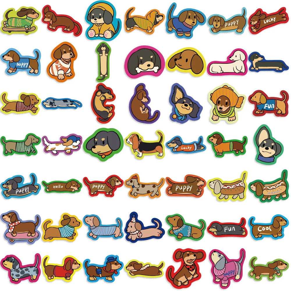 50Pcs Cartoon Dachshund Graffiti Stickers for DIY Desk Guitar Computer Refrigerator Creative Sausage Dog Waterproof Sticker﻿ (ONLINE ORDER ONLY)