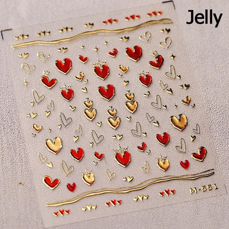 Flat Small Pink Brown Halo Dyeing Love Heart Geometric Leopard Shiny Jelly Chic Embossed Relief Nail Art Stickers Manicure Decal (Online Order Only)