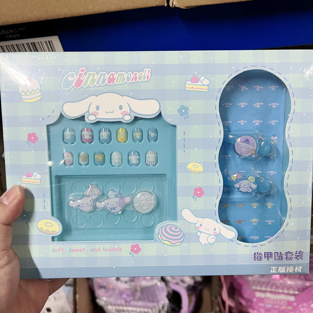 1Set(12Pcs+Jelly Glue+Stickers+Hairpin) Children Acrylic Fake Nails Kuromi Mymelody Cinnamoroll Fake Nails Non-Toxic Kid Gifts * (Online Order Only)