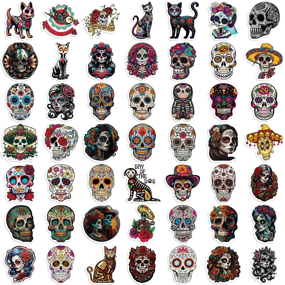 50pcs Mexican Day of the Dead Graffiti Sticker Skateboard Suitcase Guitar Kettle Deco Laptop Waterproof Phone Case Stickers (Online Order Only)