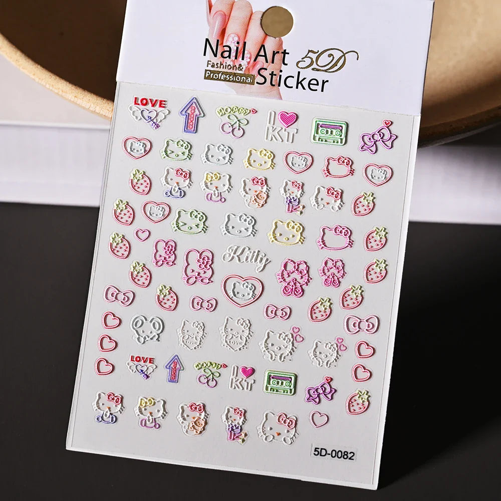 1pc 5D Cartoon Nail Art Stickers Waterproof Matte Finish with Kuromi, Cinnamoroll & Hello Kitty Designs Perfect for DIY Manicure (Online Order Only)