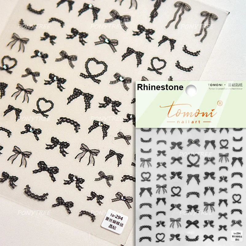 Chic Shiny Lace Pink Black White Bowknot Pearl Rhinestones Charming 3D Self Adhesive Nail Art Decoration Sticker Manicure Decals (Online Order Only)