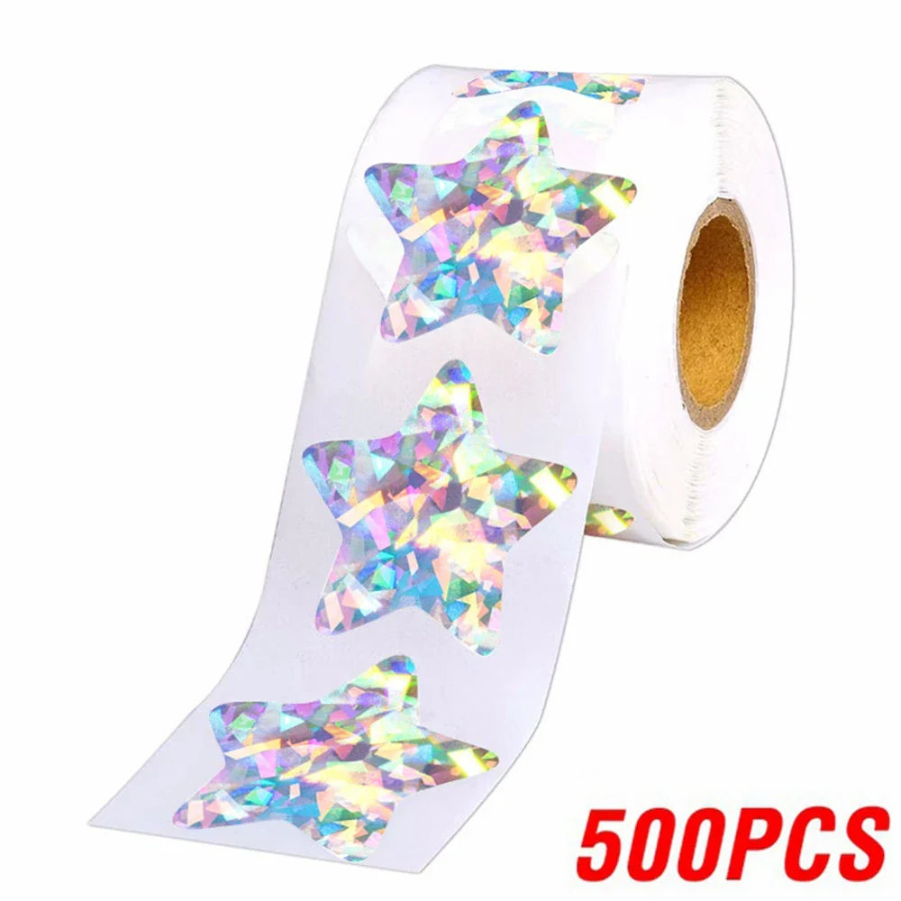 100-500pcs Holographic Star Reward Stickers Corlorful Adhesive Star Stickers Reward Chart Decorative Toy Gifts Sticker Labels (ONLINE ORDER ONLY)