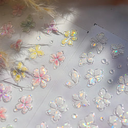 Gradient Coloredful Flower Petal Green Leaf Dreamy Shiny Chinese Rose Fantasy Relief Adhesive Nail Art Stickers Manicure Decals (Online Order Only)