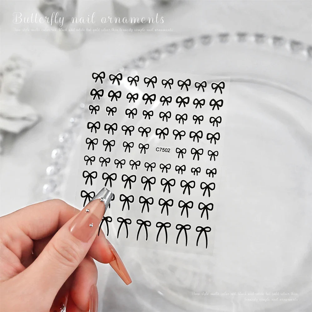 6pcs/Set Lovely Line Bowknot Nail Sticker Gold Silver Black White Pink Red Bow Tie Mini Bowknot 3D Self Adhesive Manicure Decals (ONLINE ORDER ONLY)