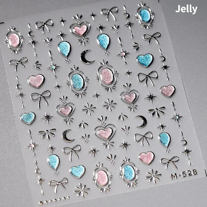 Flat Small Pink Brown Halo Dyeing Love Heart Geometric Leopard Shiny Jelly Chic Embossed Relief Nail Art Stickers Manicure Decal (Online Order Only)
