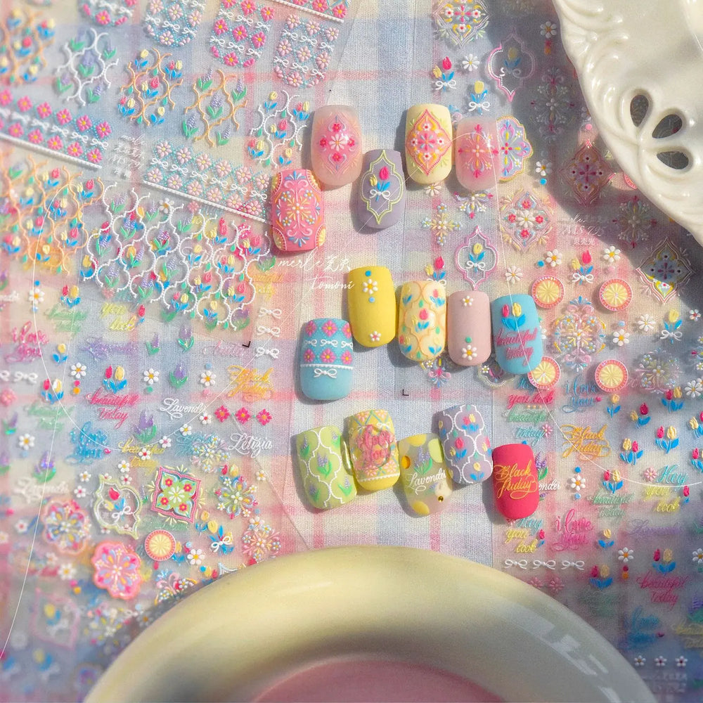 Chic Lavender Tulip Flower Bowknot Totem Center Symmetric Pattern Daisy Line Gird Self Adhesive Nail Art Stickers Manicure Decal (ONLINE ORDER ONLY)