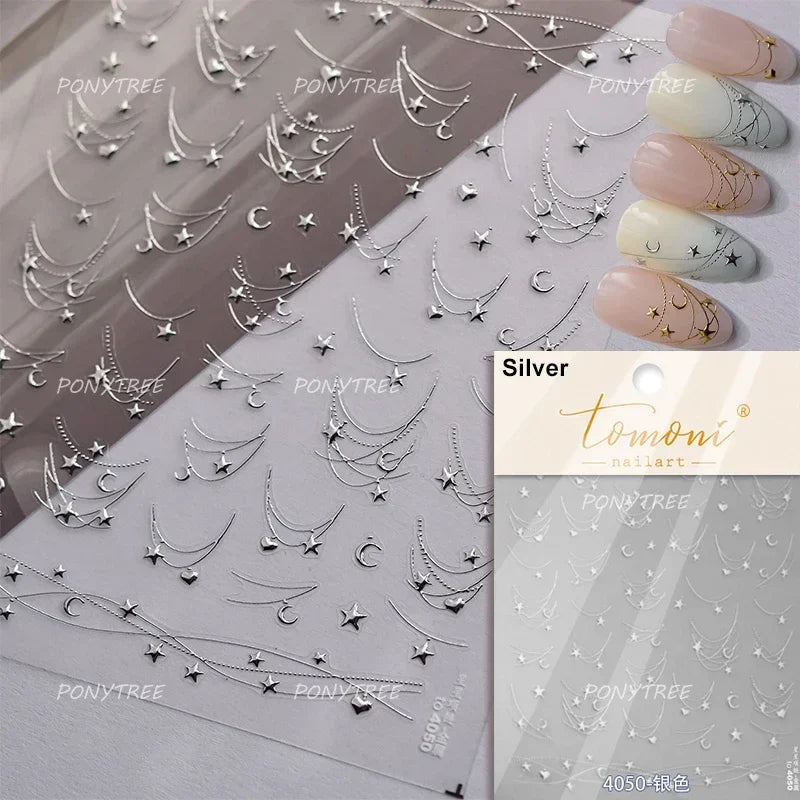 Chic Colourful Star Moon Curved Line Arc Necklace Love Heart Hanging in The Air Cherry Adhesive Nail Art Stickers Manicure Decal (Online Order Only)