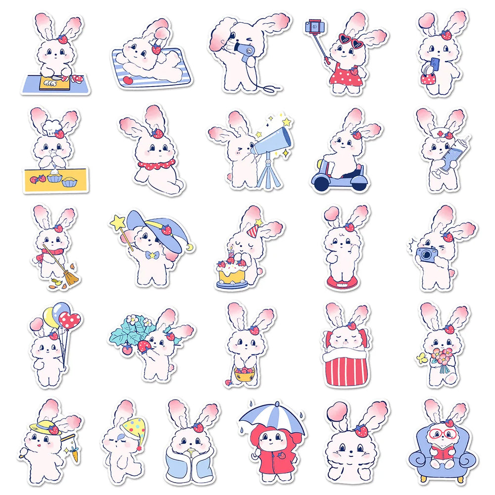 10/30/50PCS Strawberry Bunny Stickers Cute Animal Decals DIY Scrapbook Fridge Luggage Laptop Phone Guitar Bike Cartoon Sticker (Online Order Only)