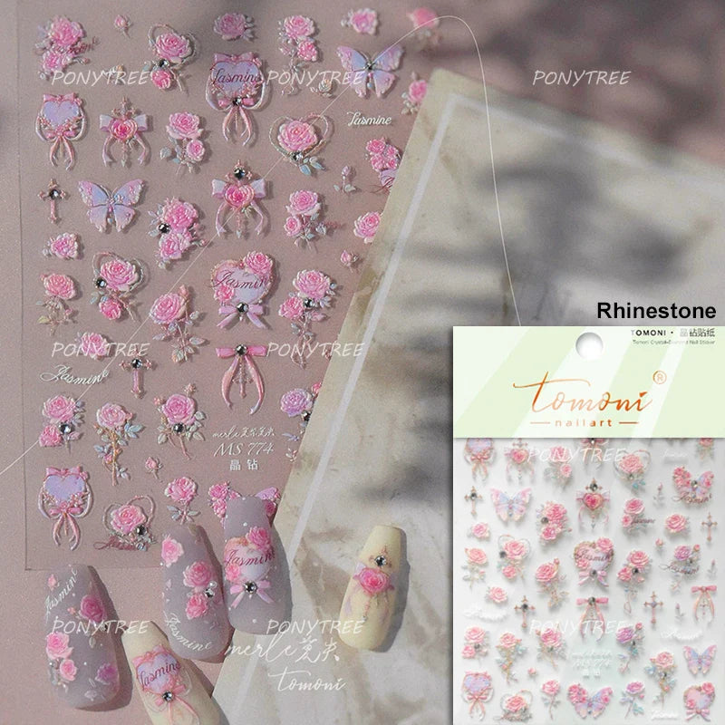 Romantic Flowers Bouquet Butterfly Rose Bowknot Candlestick Wreath Love Heart 5D Self Adhesive Nail Art Stickers Manicure Decals (Online Order Only)