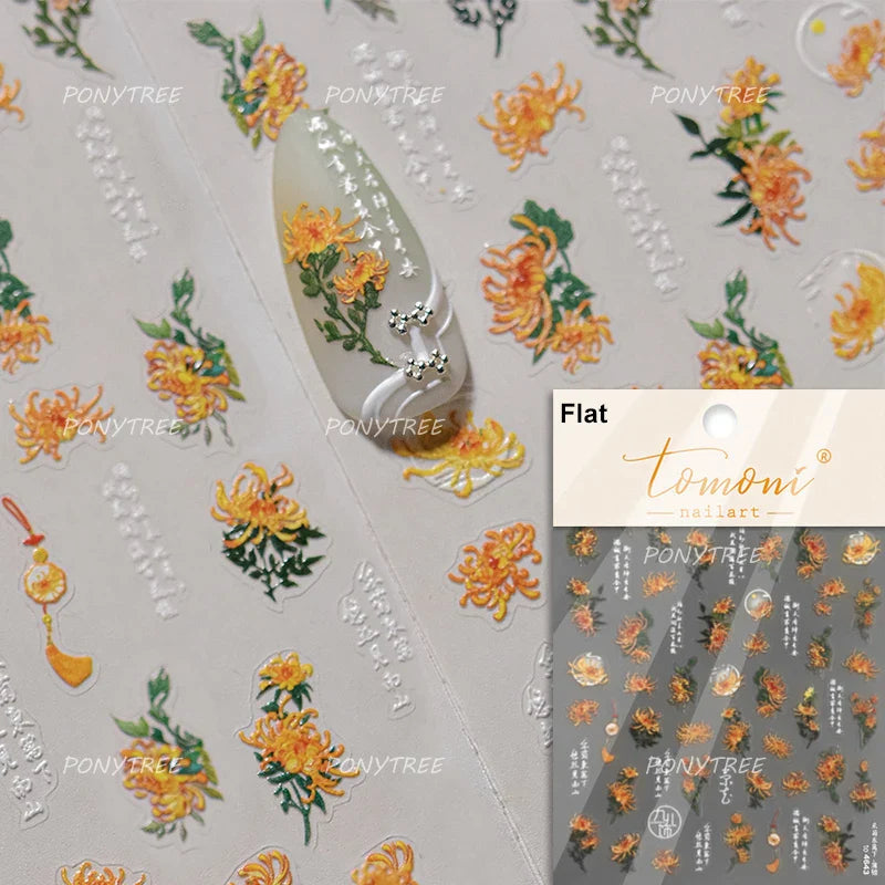 Antique Changle Flower Chrysanthemum Jade Pendant Feathers Green Leaf Adhesive Nail Art Stickers Flat Embossment Manicure Decals (Online Order Only)