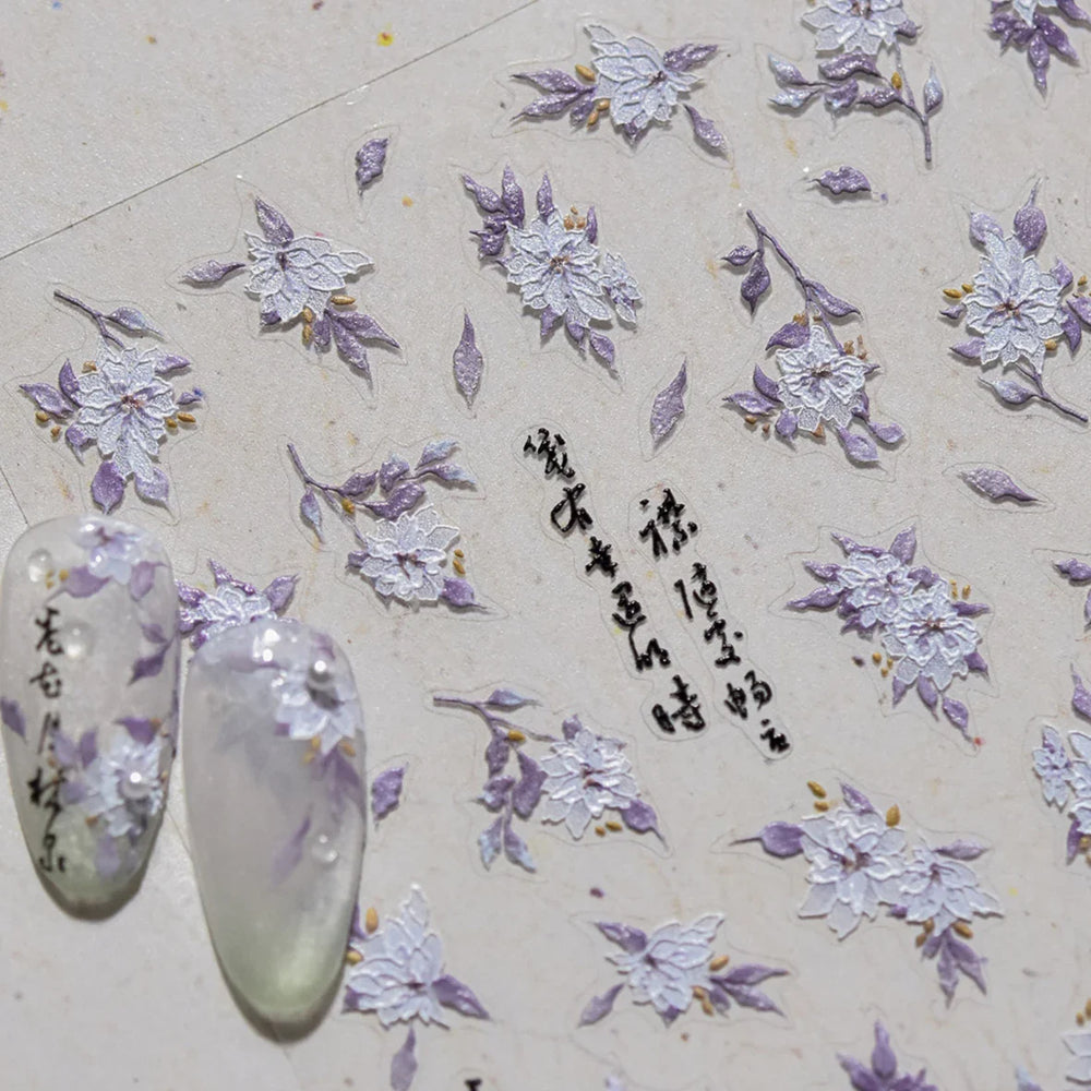 Trumpet Creeper White Flower Purple Leaves Antique Special Characters 5D Soft Relief Adhesive Nail Art Stickers Manicure Decals (ONLINE ORDER ONLY)